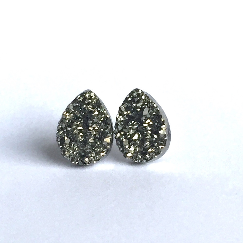 Druzy Small Gunmetal Gray Teardrop Stud Earrings